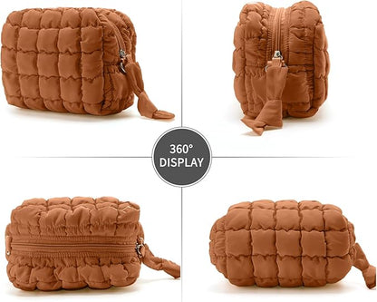Puffy Quilted Makeup Bag Small Puffer Bag Cosmetic Bags Travel Toiletry Purse for Women, Cute Organizer Pouch, Toffee