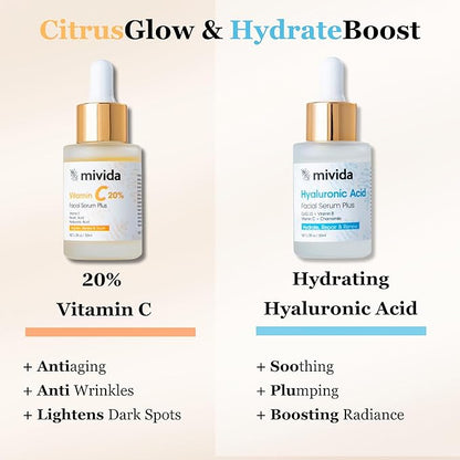 Mivida Anti-Aging Duo for Wrinkles| 20% Vitamin C Serum + Hyaluronic Acid Serum for Face | Fine Lines & Dark Spots – Brightening, Collagen Boosting, Sensitive Skin Safe, Fragrance Free| 2x1floz