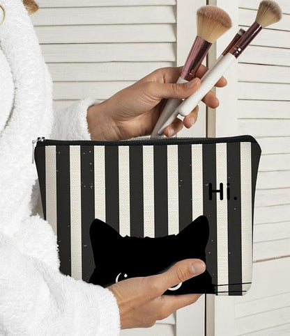 Striped Cat Makeup Bag - Small Cute Cosmetic Bag for Women & Teen Girls - Black Cat Purse Gift for Cat Lovers & Owners