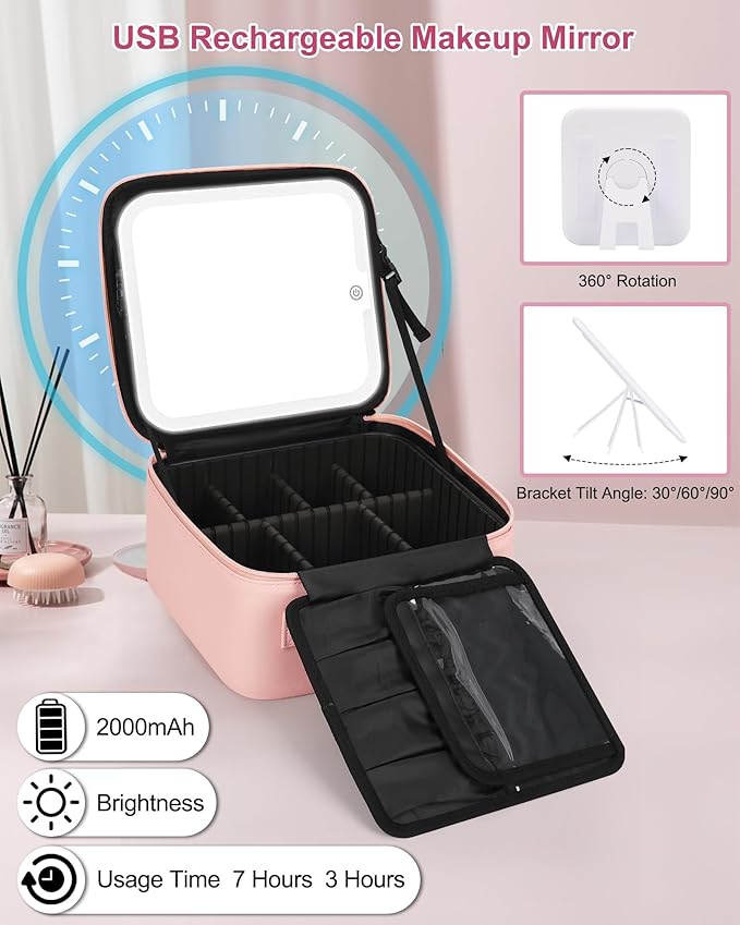 Relavel Initial Makeup Bag with LED Mirror for Women Girls, Personalized Travel Cosmetic Organizer Train Case, Birthday Gifts for Grandkids Bridesmaid Graduation Teacher Friends, Trendy Stuff, Pink P