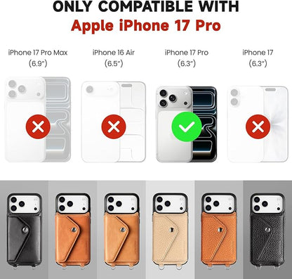 LUCKYCOIN Crossbody Wallet Phone Case for iPhone 17 Pro,100% Genuine Leather Wallet Phone Case with Expandable Flip Card Holder,Phone Purse for Women with Adjustable Removable Strap - Pebble Black
