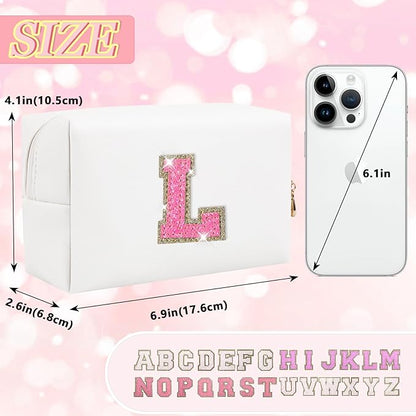 Initial Letter Patch Makeup Bag, Small Preppy A-Z Glitter Letter Cosmetic Bag, PU Leather Waterproof Travel Toiletry Bag, Cute Make Up Pouch Personalized Monogrammed Gift for Women Teen Girls