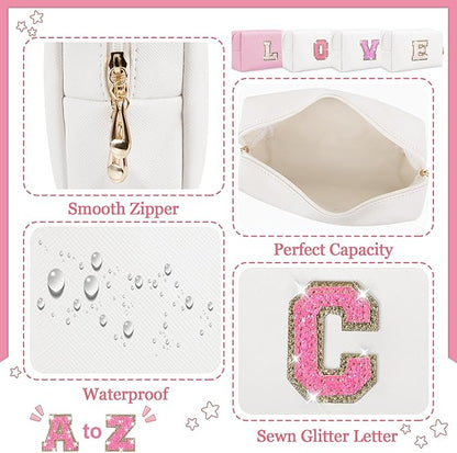 Personalized Initial Letter Makeup Bag, Preppy Glitter Letter Patch Cosmetic Pouch Zipper,PU Waterproof Travel Toiletry Bag Cute Makeup Organizer Monogrammed Make Up Bag,Gift for Women Girls