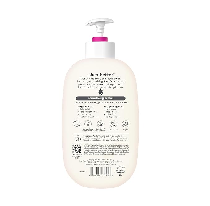 eos Shea Better Body Lotion Strawberry Dream, 24-Hour Moisture Skin Care, Lightweight & Non-Greasy, Natural Shea, Vegan, Strawberry Body Lotion, 16 fl oz