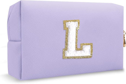 Personalized Initial Preppy Makeup Bag Organizer, Small Purple Cute Cosmetic Bag Travel Toiletry Zipper Pouch for Women, Portable Waterproof PU Makeup Case Birthday Gifts for Friends Teacher(Letter L)