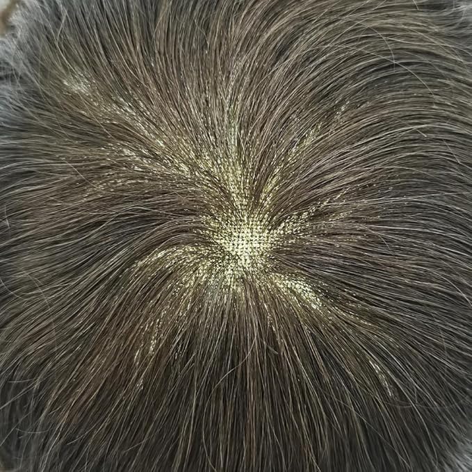 Toupee for Men French Lace Center Human Hair Replacement Systems Transparent Lace Center Hair Piece Mens Toupee Hair Units for Man V-Looped Front Male Hair Prosthesis 7"X9" 5#MEDIUM LIGHT BROWN