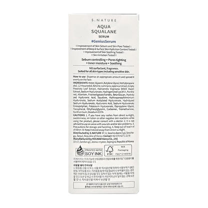 S.NATURE AQUA SQUALANE SERUM | Deeply hydrated Facial Serum for All Skin Type, Soothing, Pore Tightening and Sebum control Benefits, Korean Skin Care (1.69 Fl.Oz)