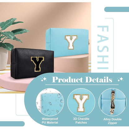 Small Personalized Initial A-Z Preppy Patch Makeup Bag,PU Chenille Letter Travel Cosmetic Pouch with Zipper,Blue Cute Toiletry Bag,Gift Ideal for Teen Girls Women Teacher Bridesmaid,Letter Y