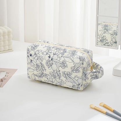 JOVAKIT Travel Makeup Bag Cosmetic Bag for Women, Christmas Gifts, Small Floral Flowers Coquette Toiletry Bag with Handle, Zipper Make Up Pouch Organizer Bag Trendy Stuff (Navy Blue Flower)
