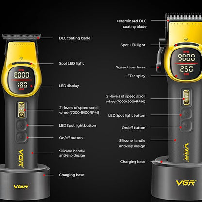 VGR 885 S2 Cordless Barber Clippers and Trimmers Kit, Professional Hair Clippers for Men, Haircut Kit with DLC-Coated Ceramic Blades, 21-Speed Roller, 2 Magnetic Charging Bases, LED Display, Gold