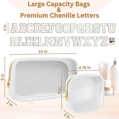 Personalized Travel Makeup Bag Set, 2PCS Toiletry Bag & 26 Chenille Letters, Elegant Skincare Bag, DIY Bridal Shower Gifts for Engagement Wedding (White)