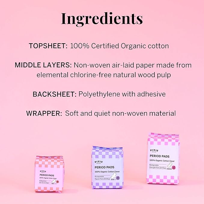 Pixie Organic Cotton Mini Pads with Wings for Women & Teens - Ultra Thin, Light Absorbency Menstrual Pads - Hypoallergenic, Unscented & Biodegradable for Feminine Care - 64 Count
