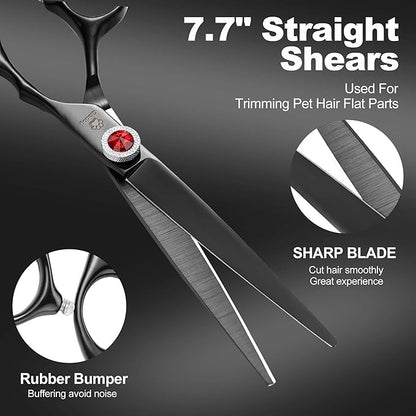 GLADOG 7 Inch Professional Dog Grooming Scissors Kit, 5-in-1 Titanium Coated Pet Grooming Shears Set, Heavy Duty Grooming Scissors for Dogs (Pro Black)