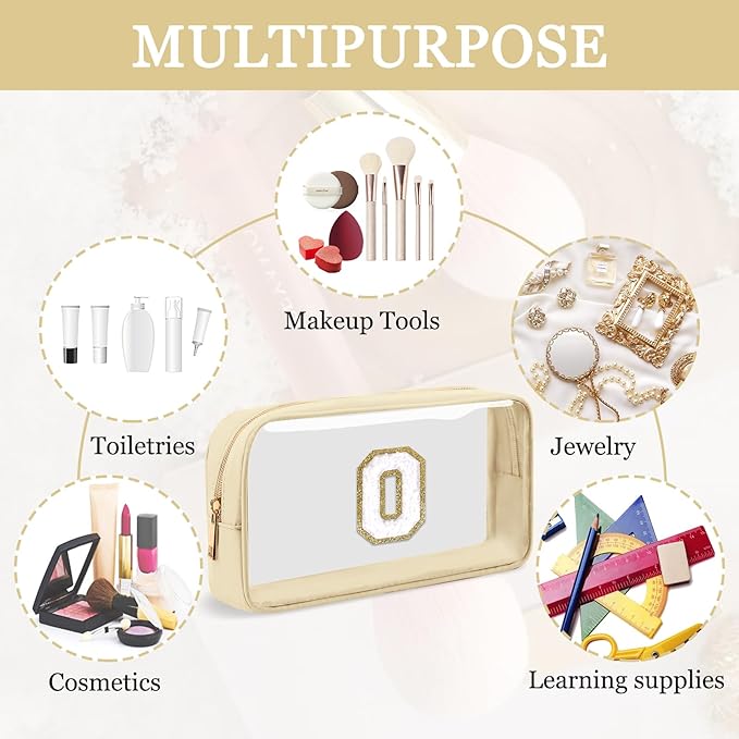 Small Clear Personalized Initial Makeup Bag, Preppy Nylon A-Z Chenille Letter Patch Makeup Organizer TSA Approved Travel Toiletry Bag,Waterproof Zip Beach Cosmetic Pouch Purse for Women(Beige-White O)
