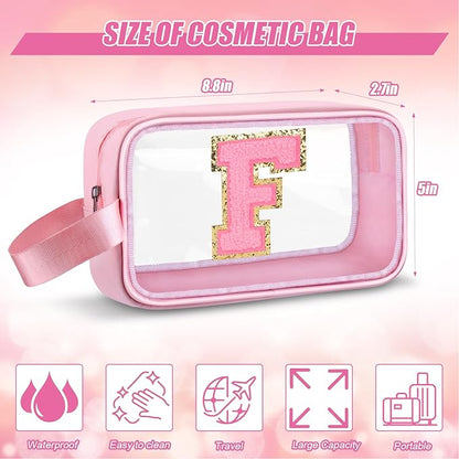 Initial Makeup Bag,Letter F Cute Clear Monogrammed Cosmetic Travel Bag for Womens Girls,Personalized Pink Aesthetic Traveling Make Up Organizer Bag for Beach,Waterproof Toiletry Bag
