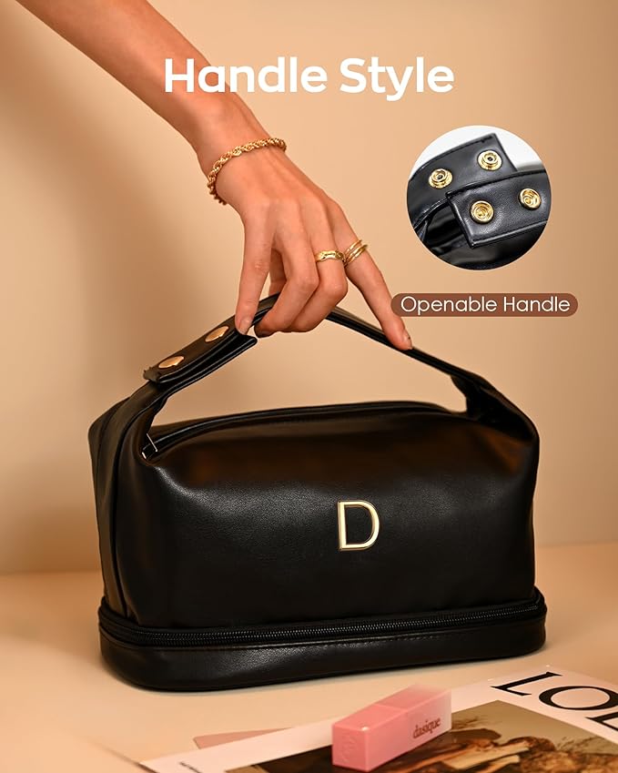 Initial Cosmetic Bags Personalized Bags with Handle, Waterproof Double Layer Makeup Bag, Large Capacity PU Leather Makeup Bags Letter Travel Toiletry Bag with Makeup Brush Organizer