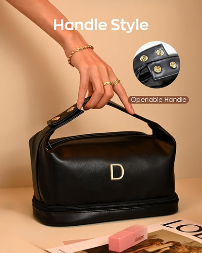 Initial Cosmetic Bags Personalized Bags with Handle, Waterproof Double Layer Makeup Bag, Large Capacity PU Leather Makeup Bags Letter Travel Toiletry Bag with Makeup Brush Organizer