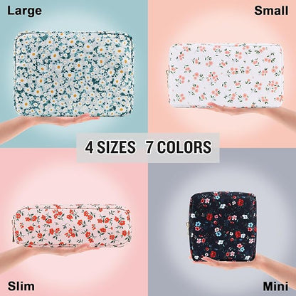 izuzta Nylon Small Floral Makeup Bag Slim Pouch, Preppy Cute Makeup Brush Case Bag Flower Cosmetic Zipper Pouch Purse, Waterproof Travel Toiletry Bag Coin Pouch Make Up Organizer Women(Green-Daisy)