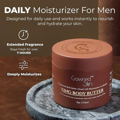 Crowned Skin King Cologned Body Butter | Warm and Sensual Scent | Blended with Sandalwood & Leather | Infused with Organic Shea & Mango Butters | Moisturizing Formula with All-Day Fragrance | 5oz