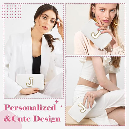 Small Personalized Initial A-Z Preppy Patch Makeup Bag,White PU Chenille Letter Travel Cosmetic Pouch with Zipper,Cute Toiletry Bag,Gift Ideal for Teen Girls Women Teacher Bridesmaid,Letter J