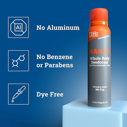 Mando Whole Body Deodorant For Men - Invisible Spray Deodorant - 72 Hour Odor Control - Low Irritation Formula - Aluminum Free, Benzene Free - 3.6 ounce Cans (Pack of 2) - Mt Fuji
