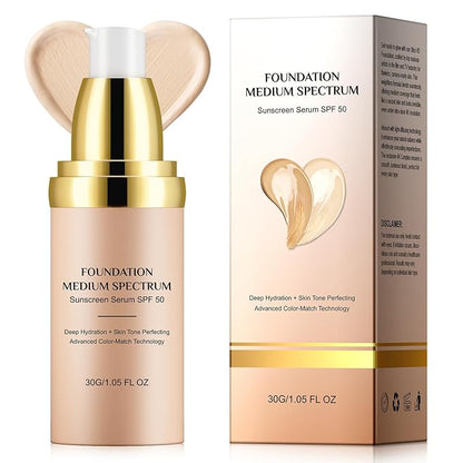 4 in 1 Foundation Liquid, Medium Spectrum Coverage Makeup with SPF 50+, Hydrating & Longwearing & Waterproof Color Changing Foundation for Gym, Sports, Dancing