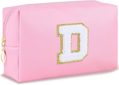 Initial Makeup Bag Personalized Preppy Travel Small PU Cosmetic Bag Pink Makeup Pouch Zipper Toiletry Organizer for Women Girls Mom Friend Bridesmaid Teacher Sister Prom Christmas Gift（D）