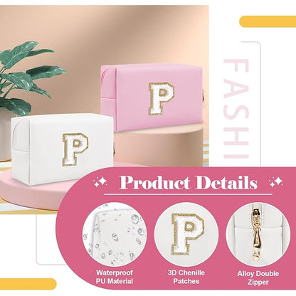Small Personalized Initial A-Z Preppy Patch Makeup Bag,White PU Chenille Letter Travel Cosmetic Pouch with Zipper,Cute Toiletry Bag,Gift Ideal for Teen Girls Women Teacher Bridesmaid,Letter P