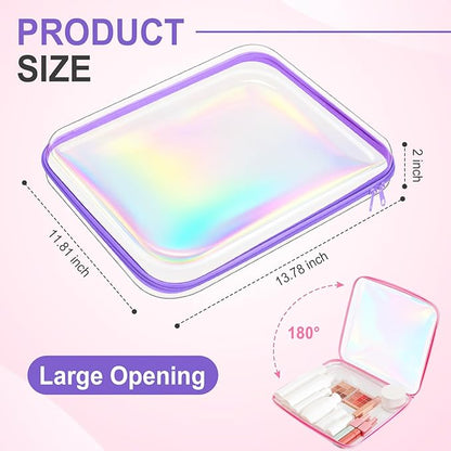 Hoolerry 3 Pcs Clear Hard Zipper Case Plastic Pouch Transparent Hard Case Clear Makeup Bag Portable Travel Organizer Bin for Cosmetics, Building Blocks, Puzzles(Laser,L)