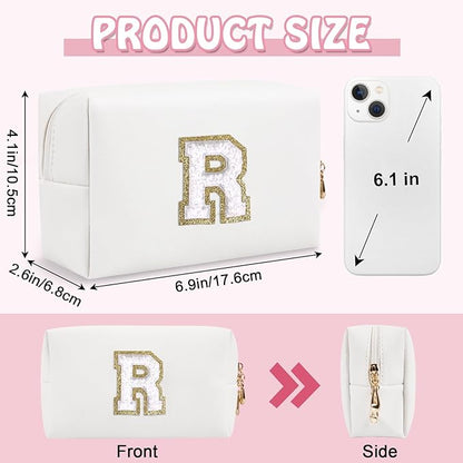 Small Travel Initial Preppy Makeup Bag, Personalized White Cute Cosmetic Organizer Chenille Letter Travel Toiltery Zipper Pouch, Waterproof PU Make Up Case Gifts for Mom Friendship Coworker(Letter R)