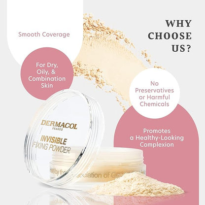 Dermacol - Invisible Fixing Face Powder, Touch-proof Translucent Setting Powder for Oily Skin & Other Skin Types, Loose Powder Makeup, Frangrance-Free Matte Powder with Powder Puff, Light, 13.5 g