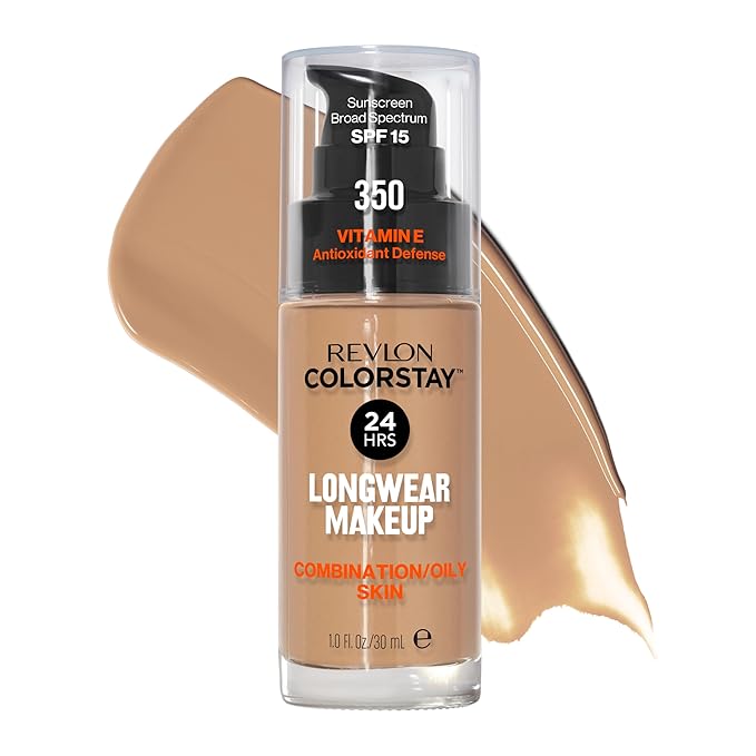 Revlon Liquid Foundation, ColorStay Face Makeup for Combination & Oily Skin, SPF 15, Medium-Full Coverage with Matte Finish, 350 Rich Tan, 1 fl oz