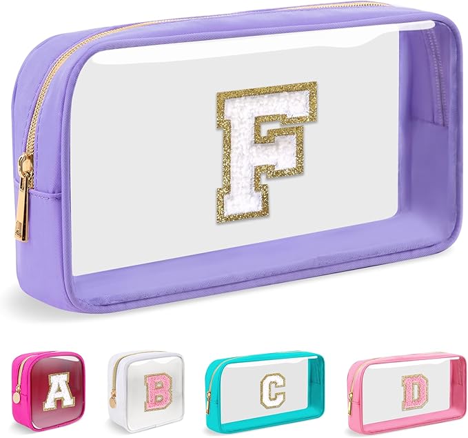 Small Clear Personalized Initial Makeup Bag,Nylon Preppy A-Z Chenille Letter Patch Cosmetic Pouch Beach Toiletry Bag,Waterproof Zip Travel Purse Storage Bag Organizer for Women Girls(Purple-White F)