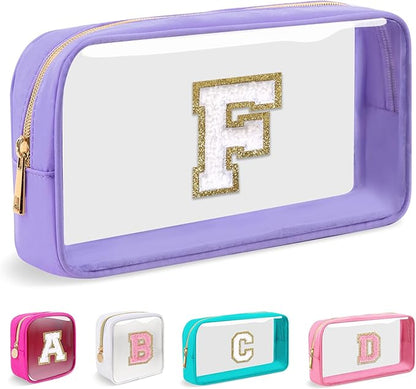 Small Clear Personalized Initial Makeup Bag,Nylon Preppy A-Z Chenille Letter Patch Cosmetic Pouch Beach Toiletry Bag,Waterproof Zip Travel Purse Storage Bag Organizer for Women Girls(Purple-White F)