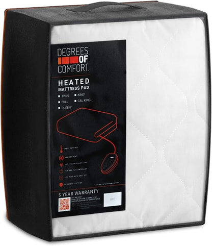 Degrees Of Comfort Heated Mattress Pad Twin Size | Zone Heating Electric Bed Warmer W/Auto Shut Off | Fit Up to 15 Inch | 12.5ft Long Cord - 39x75 Inch, White