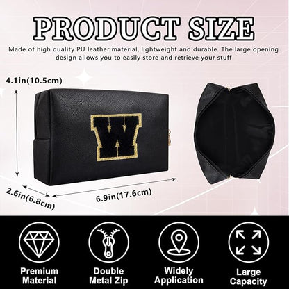 Personalized Initial Letter Patch Makeup Bag, Preppy Portable Chenille Cosmetic Bag with Zipper, PU Leather Waterproof Travel Toiletry Bag Monogram Make Up Pouch for Women Girls