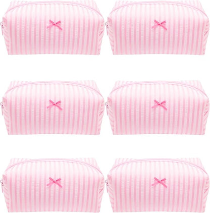 6PCS Cozy Makeup Bag Small Aesthetic Travel Zipper Cosmetic Pouch for Women Make Up Beauty Accessories Brushes, Stripe Cute Pink