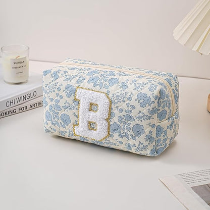 Gleyemor Personalized Initial Makeup Bag for Women, Cute Quilted Blue Floral Cotton Cosmetic Bag, Christmas Gifts for Her Mom Friend Sister Bridesmaid Teacher Women B
