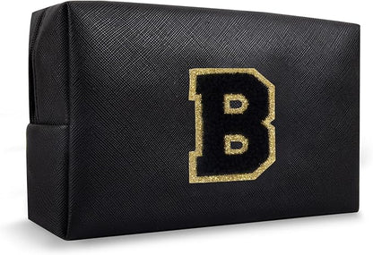 Personalized Initial Travel Preppy Makeup Bag, Small Cute Black Cosmetic Pouch Monogram Toiletry Organizer with Zipper, Waterproof PU Make Up Bags Storage Birthday Bridal Shower Women Gift (Letter B)