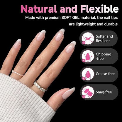 UNA GELLA Medium Almond Nail Tips, 312pcs Almond Gel Nails Tips Shape Pre Etched Full Cover Clear Fake Acrylic Pointed Press On Nails No C Curve for Nail Extension Christmas Art DIY Salon 12 Sizes