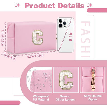 Small Personalized Initial A-Z Patch Makeup Bag,Pink Cute PU Leather Glitter Letter Cosmetic Bag for Teen Girls,Travel Toiletry Bag with Zipper,Preppy Monogrammed Birthday Gift for Daughter Niece C