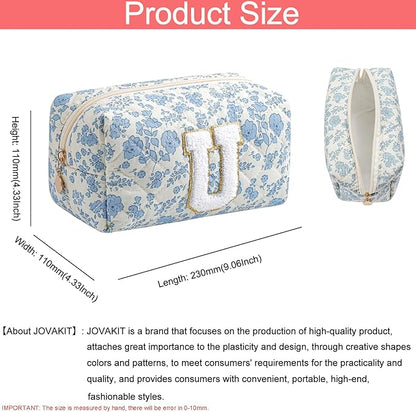JOVAKIT Alphabet Makeup Bag Cosmetic Bag for Women, Christmas Gifts for Girls Age 6-18, Floral Flowers Coquette Travel Toiletry Zipper Make Up Pouch Organizer Trendy Stuff (Blue Floral U)