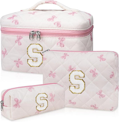 Initial Makeup Bag Set, Personalized Quilted Makeup Bag, Large Floral Cosmetic Bag for Women, Cute Cotton Custom Make up Bags, Flower Travel Toiletry Bag Teen Girl Gift Pink Butterfly S