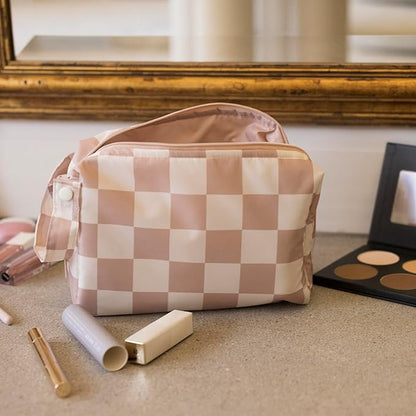 Tiny Twinkle Waterproof Travel Toiletry & Makeup Bag Organizer | Large Capacity Cosmetic Case with Compartments & Handle, A Thoughtful Travel Companion for Women（Beige Checkers