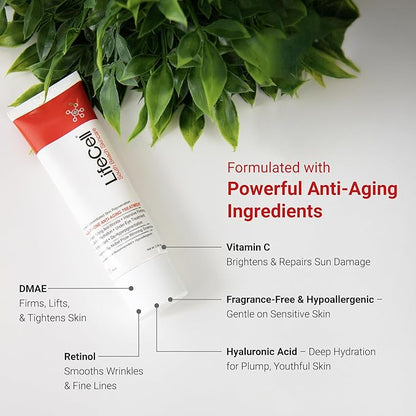 LifeCell All In One Anti-Aging Cream – Reduces Wrinkles, Fine Lines, Dark Circles & Sun Damage – Retinol, Vitamin C, DMAE & Hyaluronic Acid – Fragrance-Free, for All Skin Types (2.54oz), 2-Pack