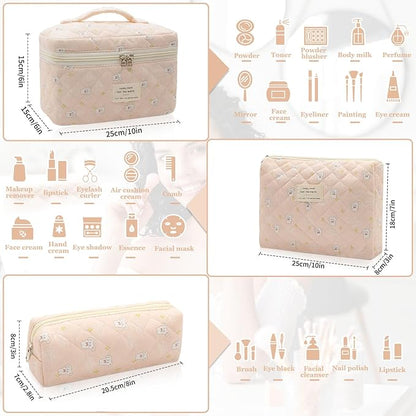 3pc Makeup Bag Set, Quilted Makeup Bag Set, Large Floral Cosmetic Bag for Women, Cute Cotton Makeup Bags, Flower Travel Toiletry Organizer Bag (Star White Rabbit)