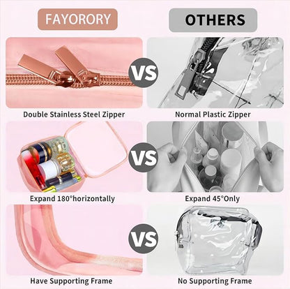 Travel Toiletry Bag,2 Pack Clear Makeup Bags with Handles,180°Opening Clear Cosmetic Bags for Traveling Women,Men,Travel Essentials,Pink