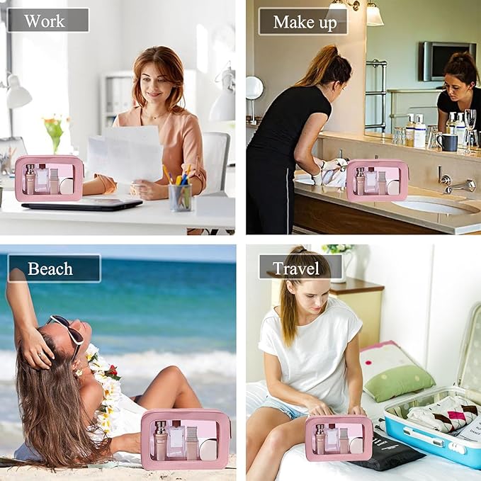 Clear and Waterproof Makeup Bag Portable Travel Cosmetic Case Organizer for Women Toiletry Pouch with Transparent Vinyl Windows & Zippers (Pink)