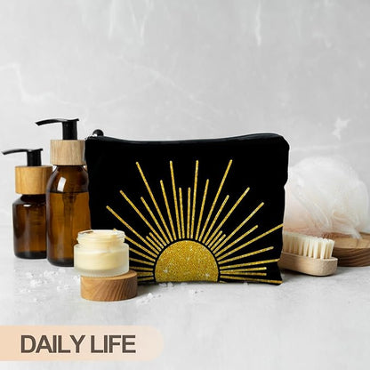 Boho Makeup Bag, Boho Abstract Black and Gold Sun Sunshine Makeup Bags for Women, Boho Gifts for Women, Boho Makeup Pouch Zipper Pouch, Aesthetic Makeup Bag