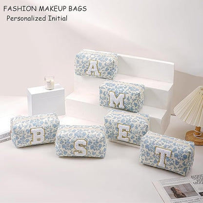 Gleyemor Personalized Initial Makeup Bag for Women, Cute Quilted Blue Floral Cotton Cosmetic Bag, Christmas Gifts for Her Mom Friend Sister Bridesmaid Teacher Women M